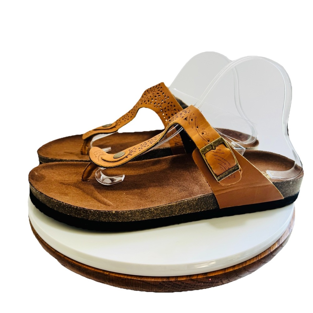Western Tooled Granola Boho Cork Faux Leather Outdoors T-Strap Sandals 11 Brown